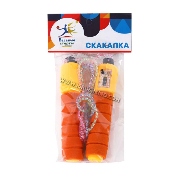 Скакалка детская Веселые старты, 2.6м, ручки ЭВА со встроенным счетчиком, цвет оранжевый, веревка пластик,  прозрачная с цветным