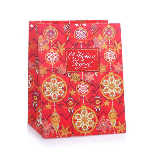 Бумажный пакет Золото на красном для сувенирной продукции, с ламинацией, с шириной основания 17,8 см, плотность бумаги 250 г/м2
