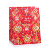 Бумажный пакет Золото на красном для сувенирной продукции, с ламинацией, с шириной основания 17,8 см