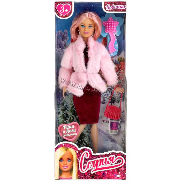 Кукла 29 см София сингл, в розовой шубе, сумочка, расческа в комплекте КАРАПУЗ в кор.24шт