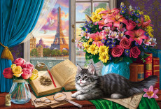 Алмазная мозаика (класс)40х50 см,с подр.,с част.зап.(35 цв.)Котёнок и парижский натюрморт(Арт.ACD5034)