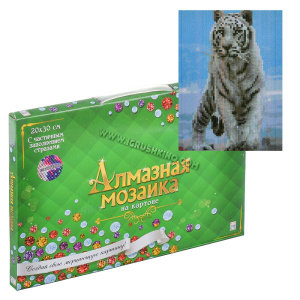 Алмазная мозаика 20х30 "Белый тигр" на картоне с частичн. заполн. (11цв.) (класс.)